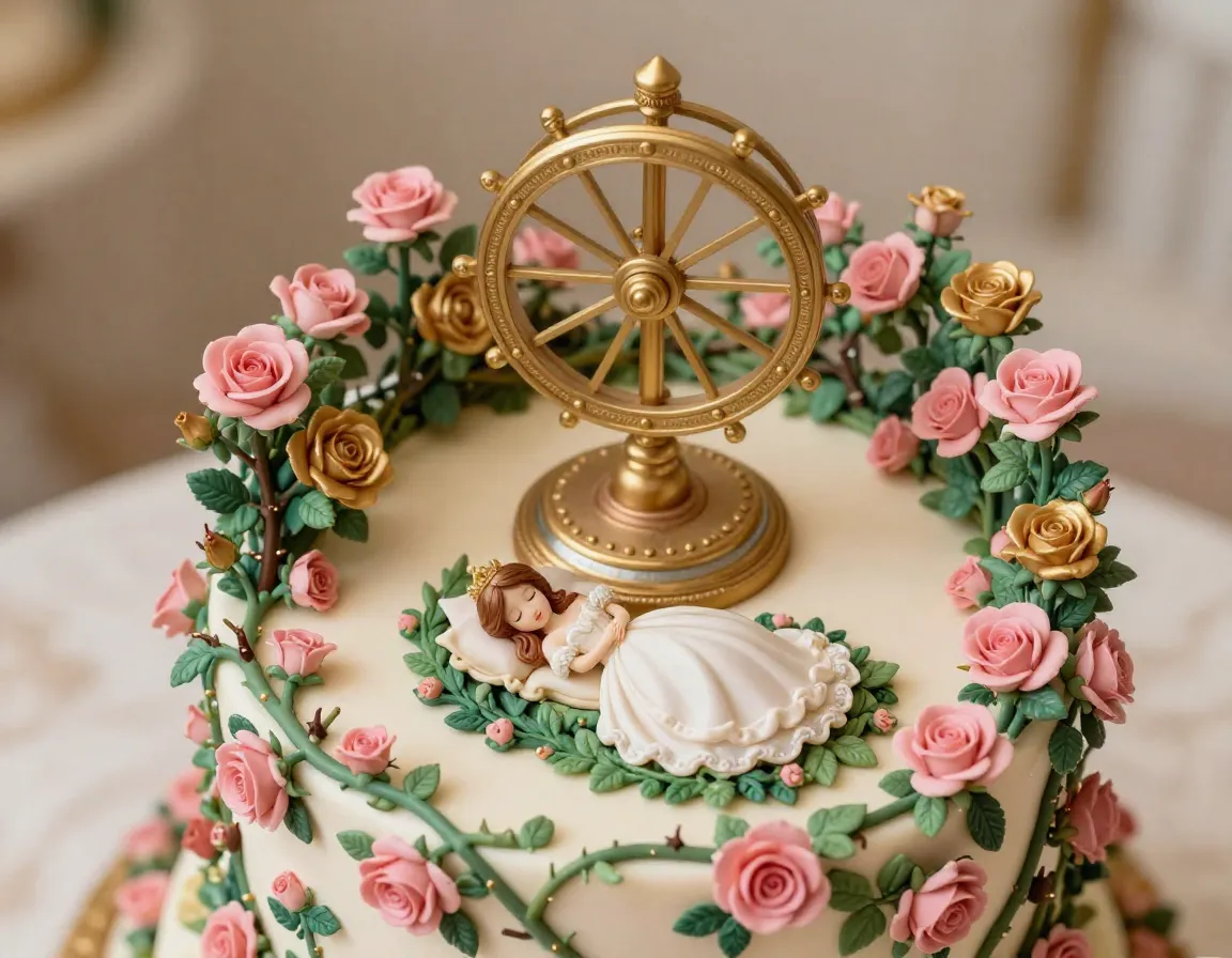 Spinning wheel rose garden with sleeping princess figure cake topper