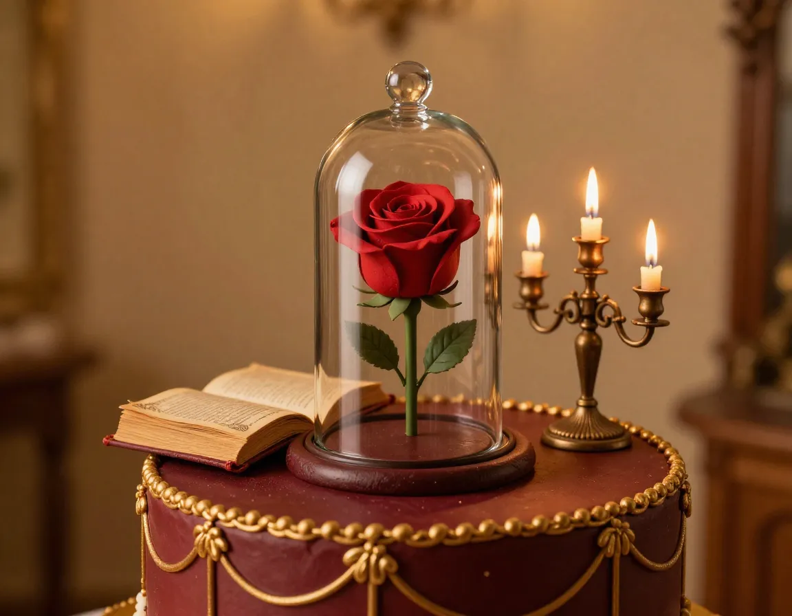Glass dome red rose antique book candelabra burgundy cake