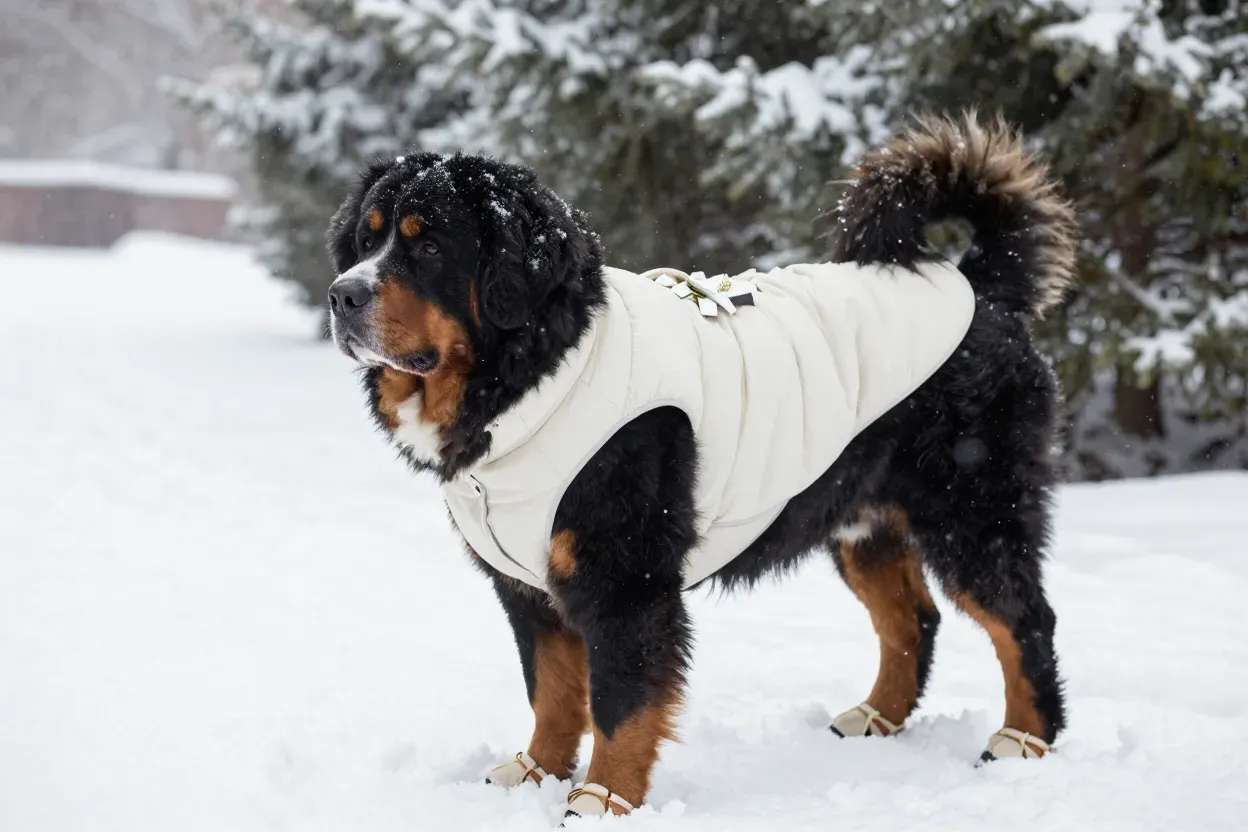 Large winter coated dog in insulated formal wear in snowy setting