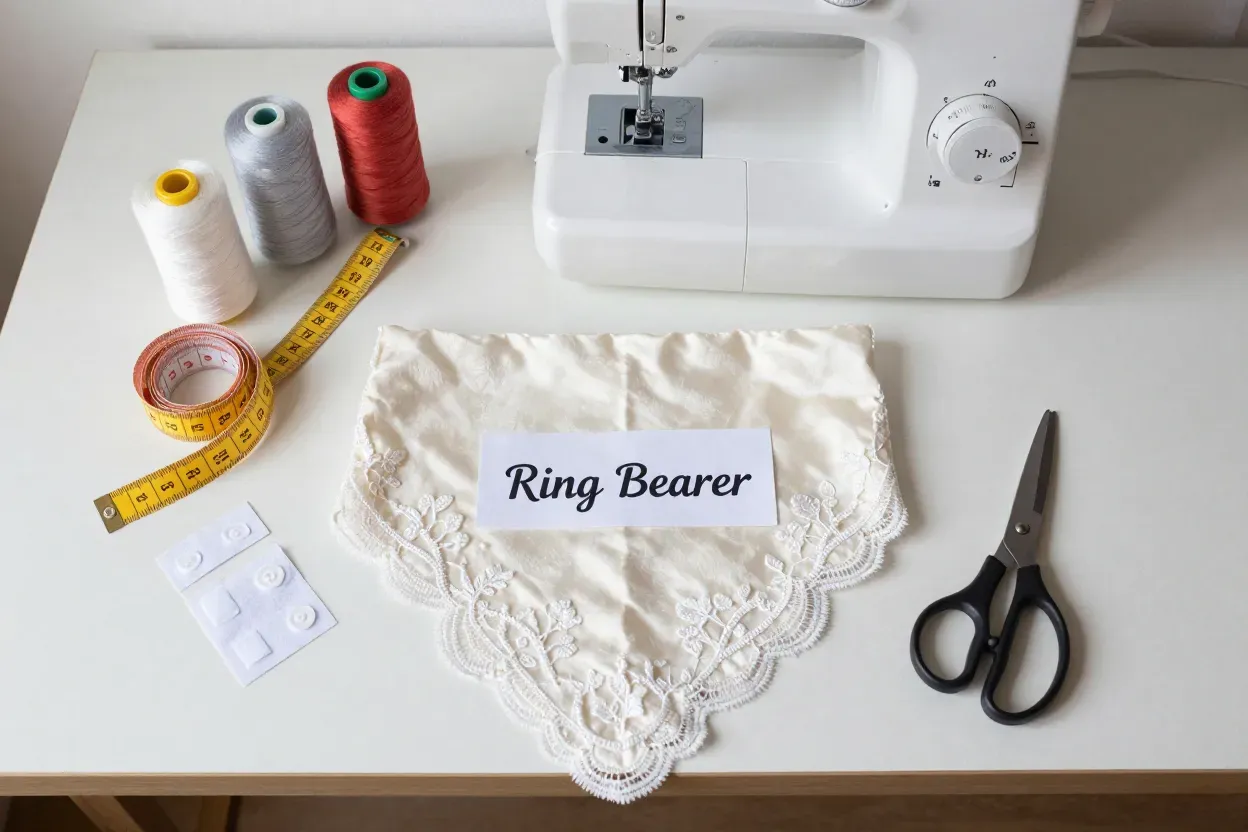 Flatlay of diy large dog wedding bandana project with supplies