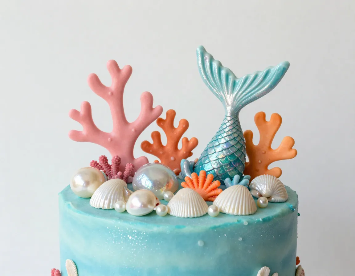 Iridescent seashells coral reef and mermaid tail aqua cake