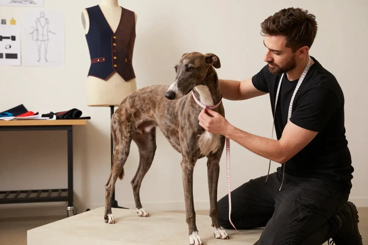Professional pet tailor measuring a large dog for custom wedding attire