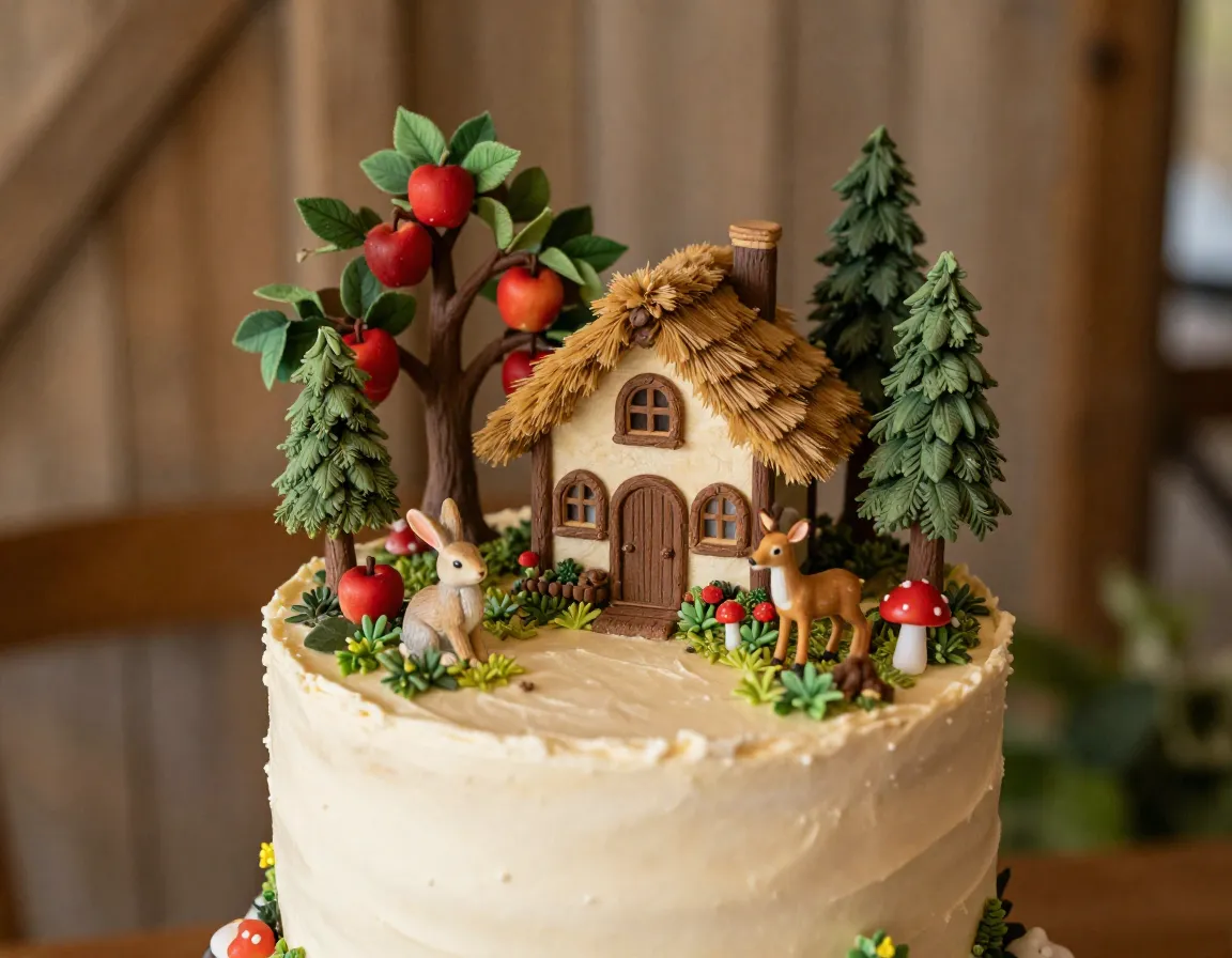 Woodland cottage apple tree and forest animals rustic cake