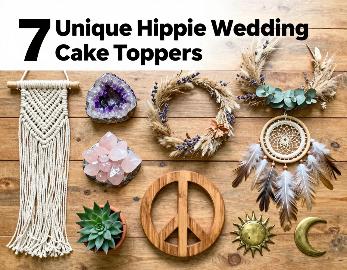 Stylish boho flatlay seven unique artisanal wedding cake toppers on wood
