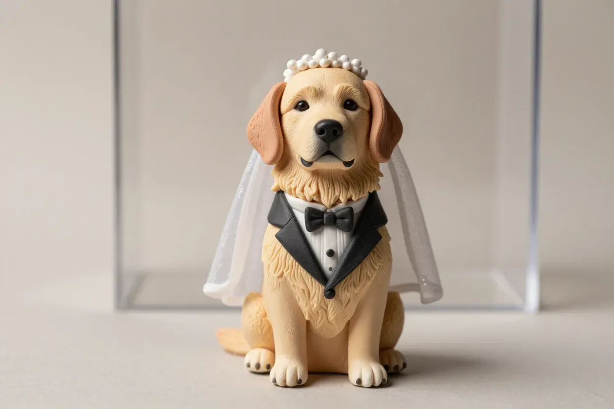 Custom polymer clay dog wedding cake topper studio shot