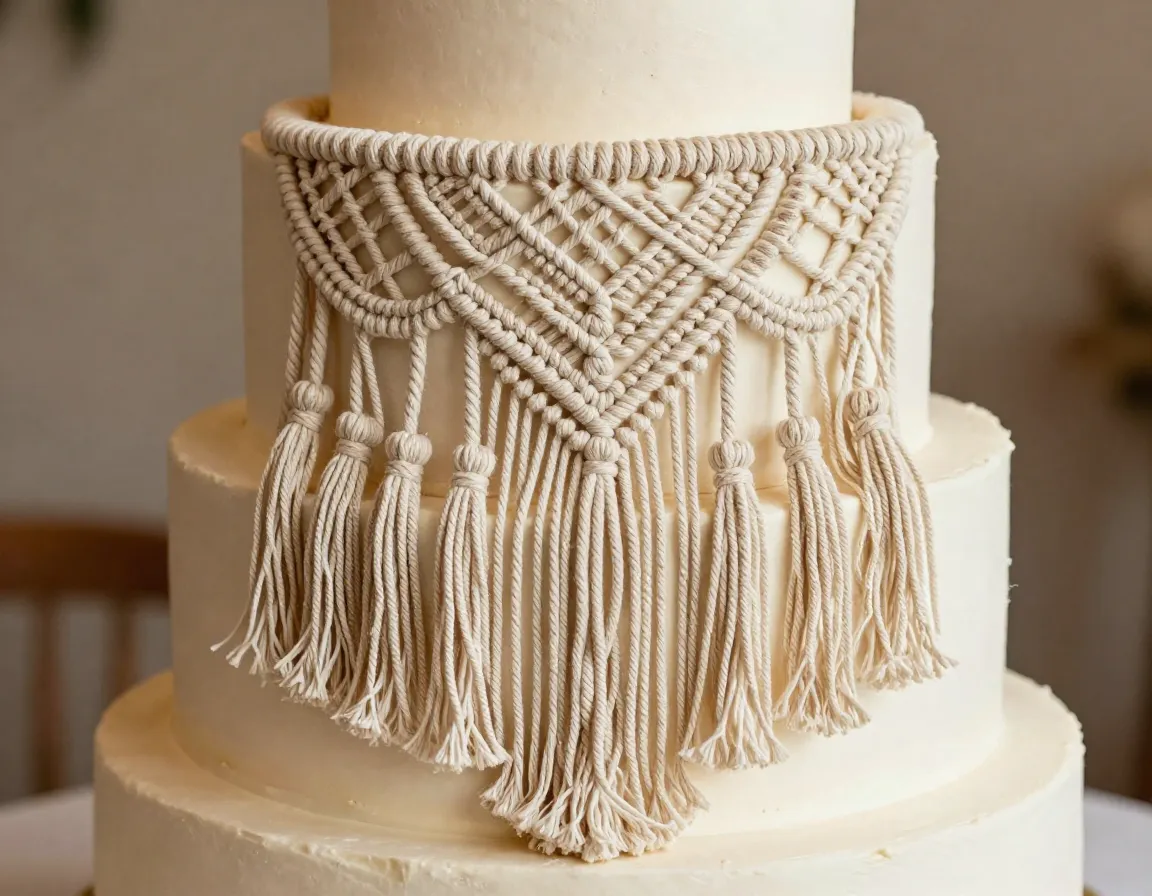Macrame cake topper with flowing tassels on naked wedding cake