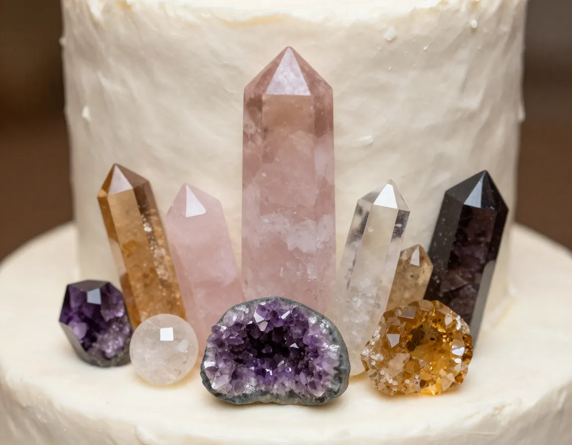 Cluster of healing crystals and geodes on naked wedding cake