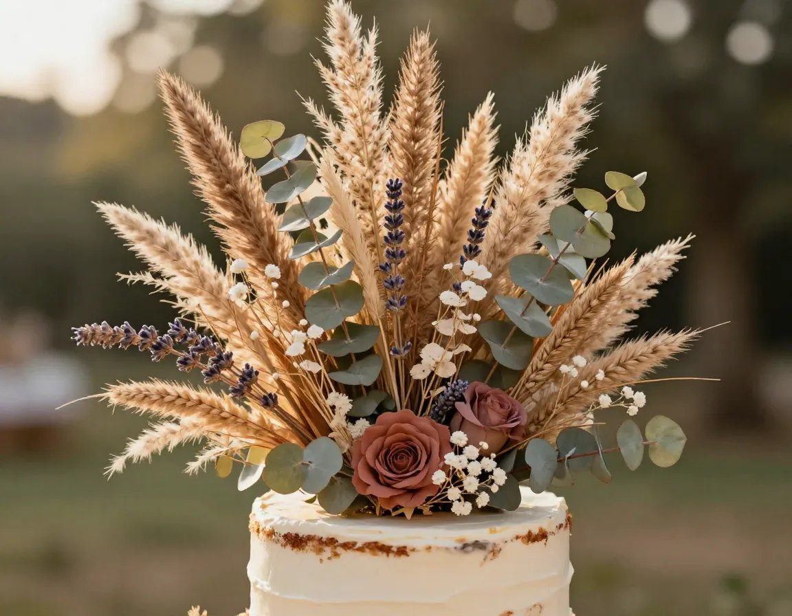 Dried flower crown topper with pampas grass on earthy cake