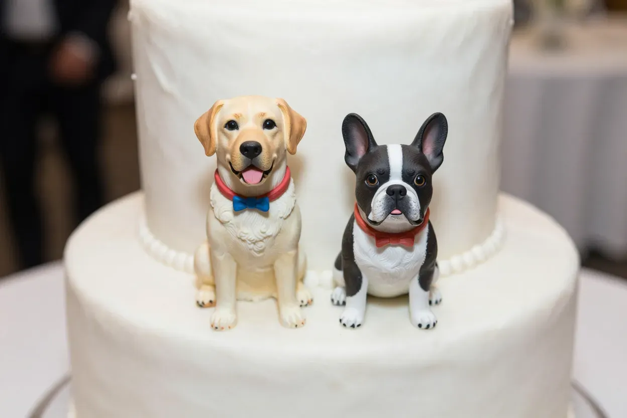 Realistic resin dog figurines on wedding cake