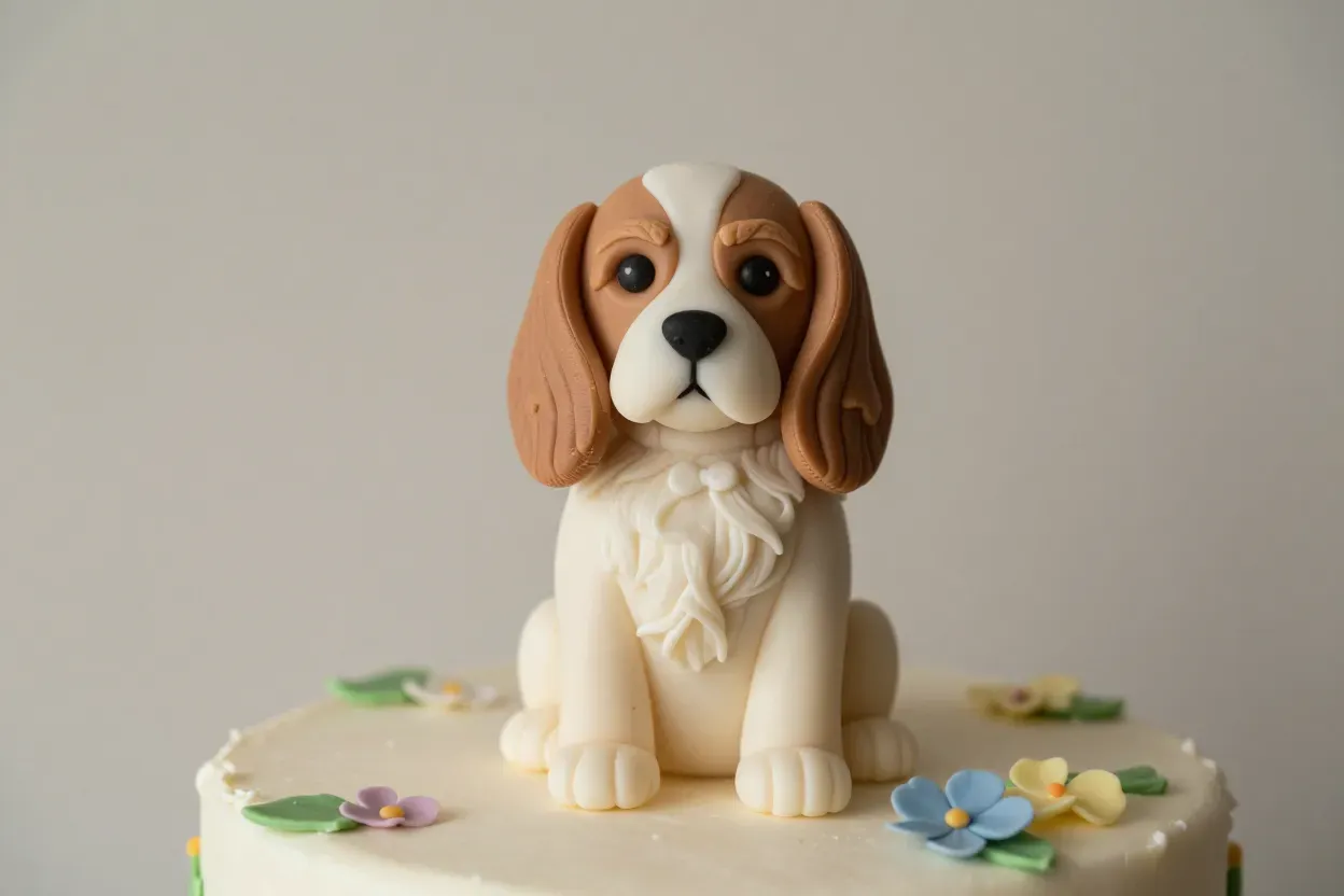 Edible fondant dog cake topper integrated design