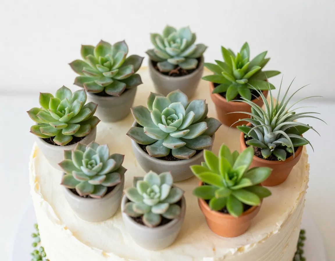 Living succulent and air plant garden in pots on cake