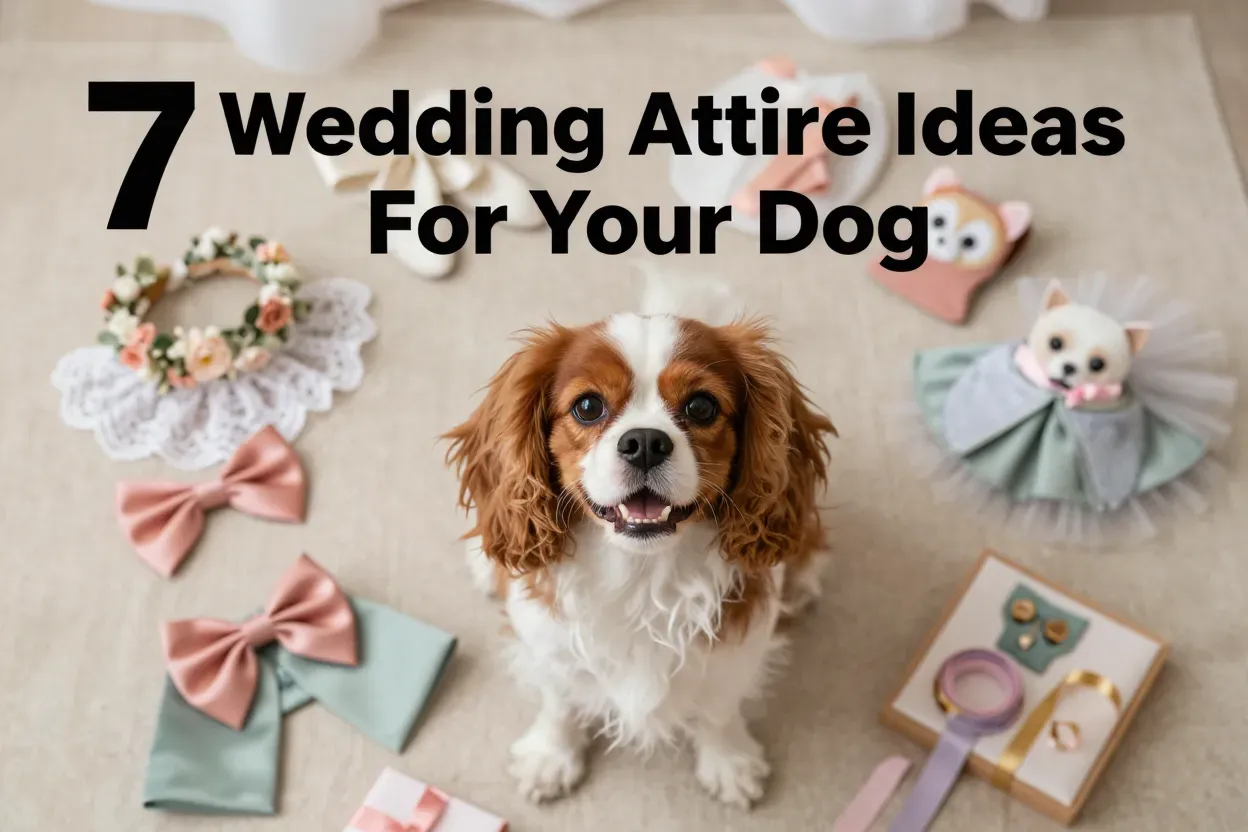 High angle view of dog surrounded by stylish wedding attire accessories and ideas