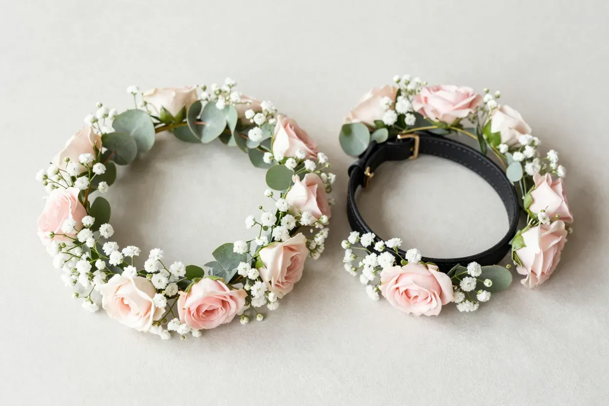 Delicate floral crown and matching collar with silk roses for small dog