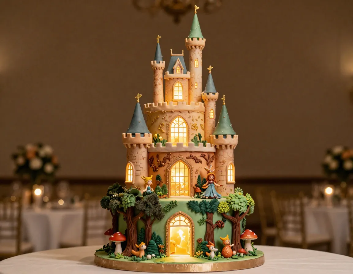 Whimsical fairy castle cake with forest base and led lights
