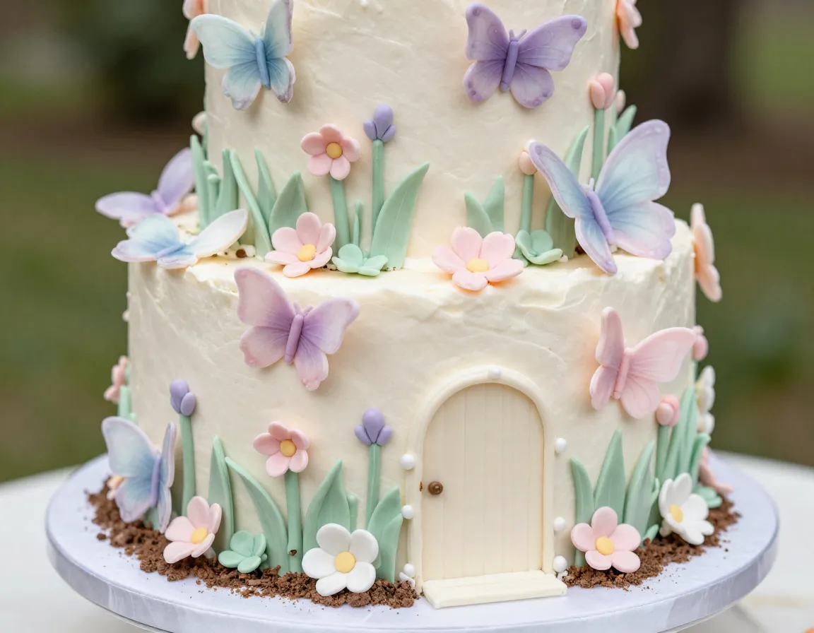 Delicate butterfly garden cake with sugar flowers and edible soil