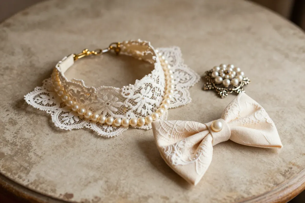 Vintage lace collar pearl necklace and brooch for small dog
