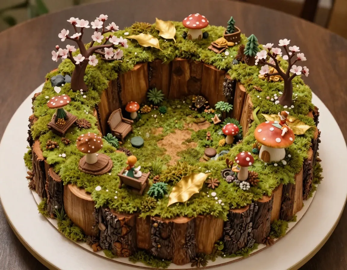 Circular woodland fairy ring cake with central miniature garden
