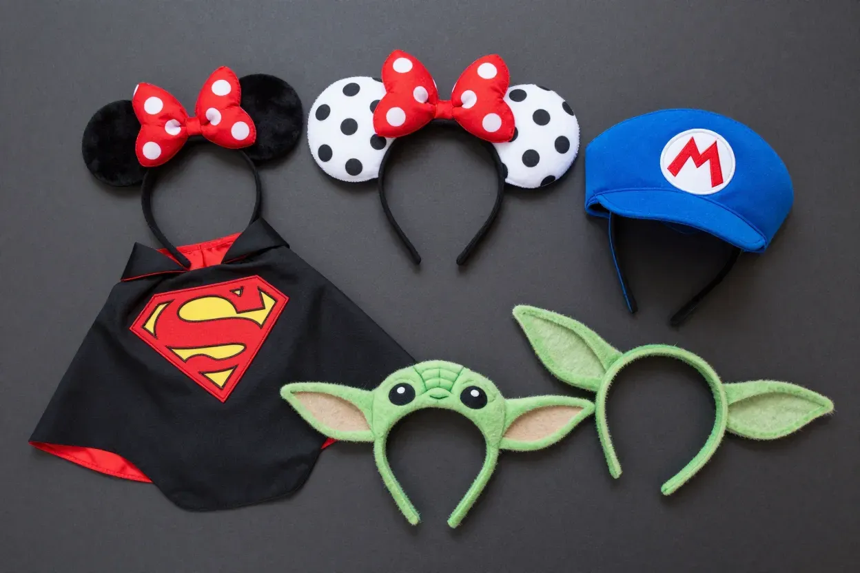 Superhero cape mouse ears and character hats for themed wedding