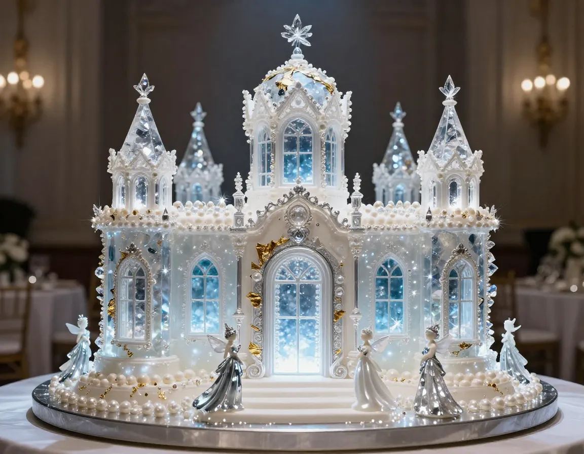 Elegant crystal palace cake with isomalt and metallic accents