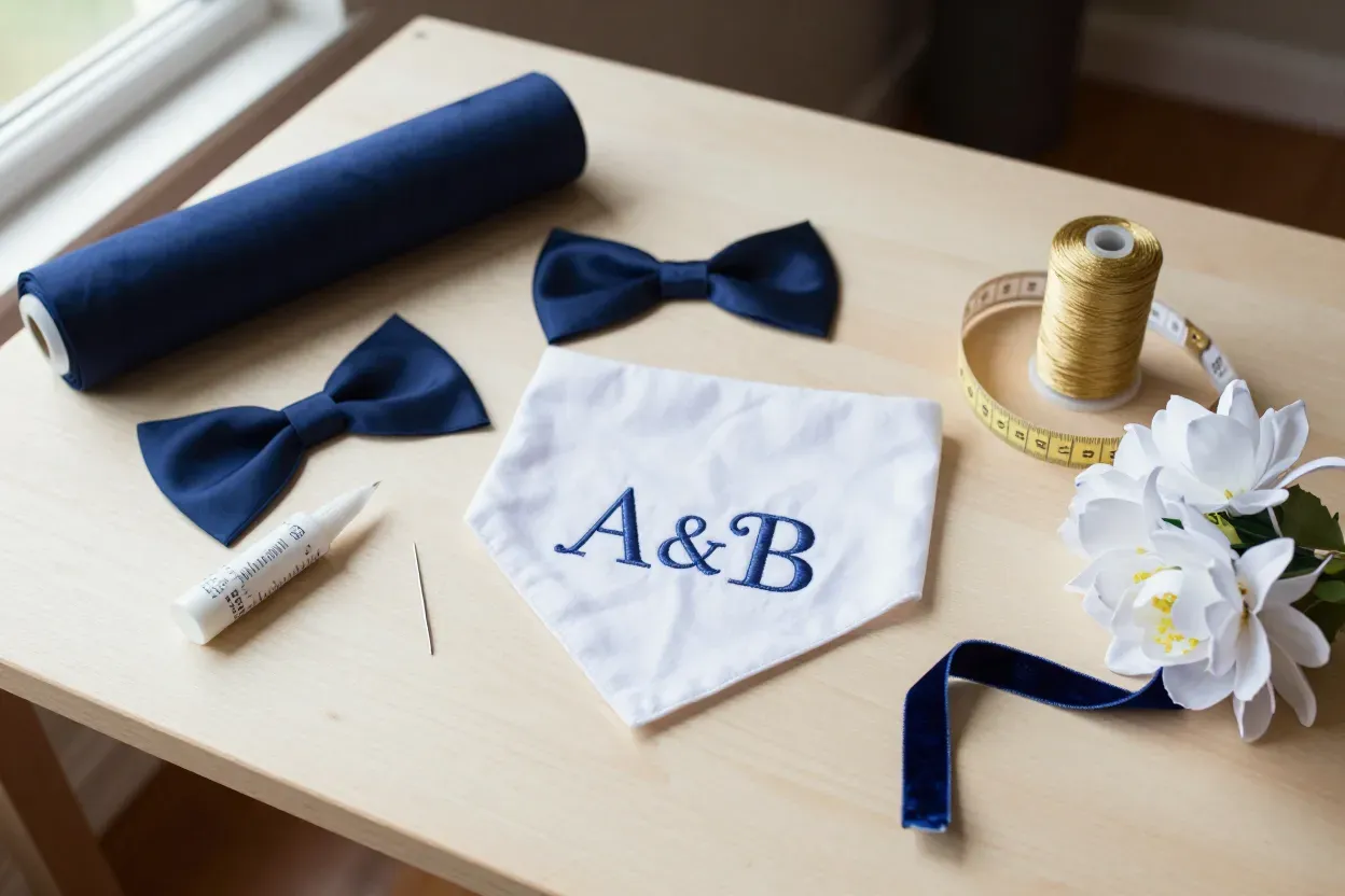 Diy crafting table with fabric bow tie and embroidered bandana