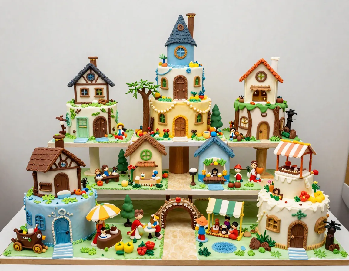 Intricate miniature fairy village cake with houses and market