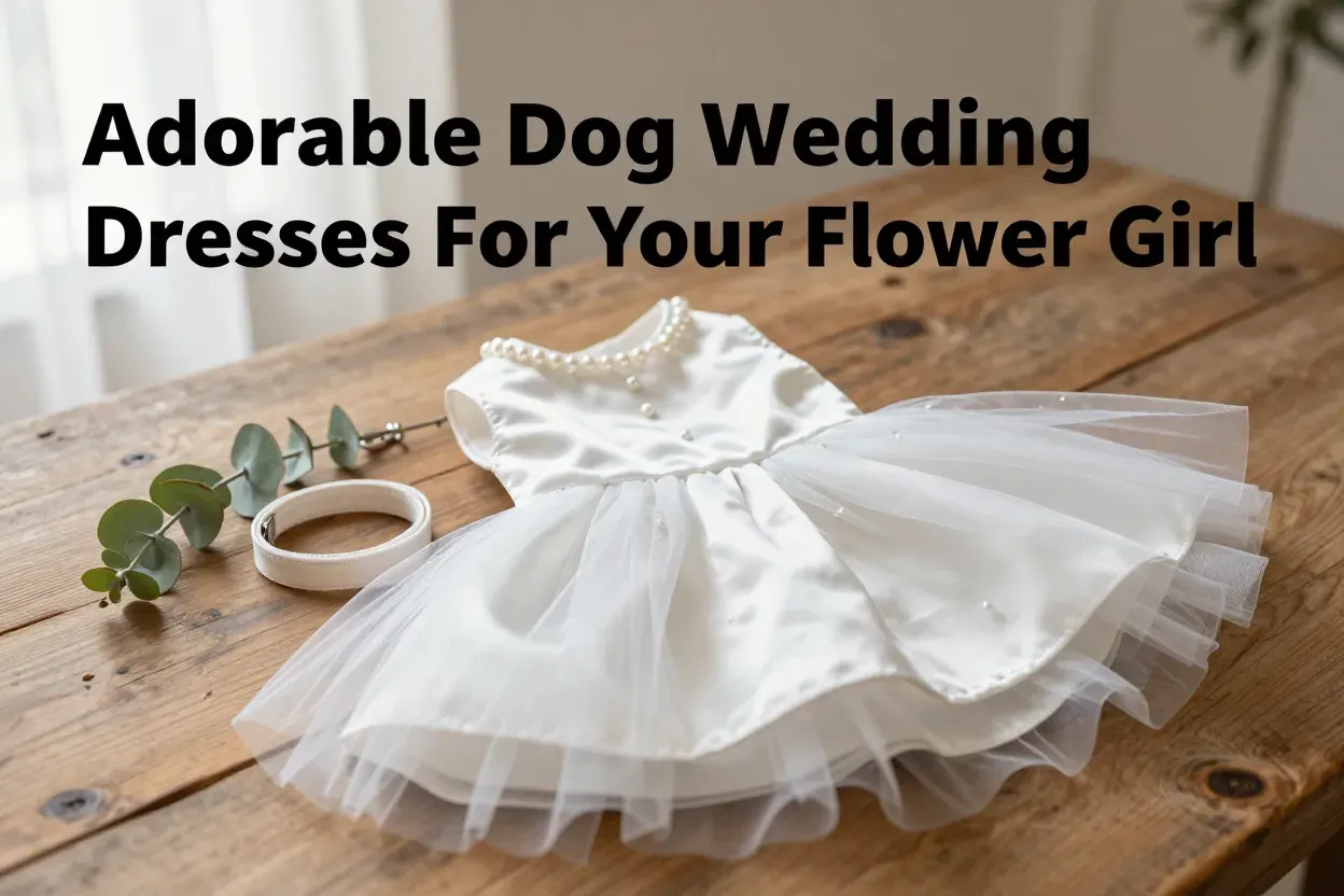 Elegant miniature dog wedding dress on rustic wooden table with leash