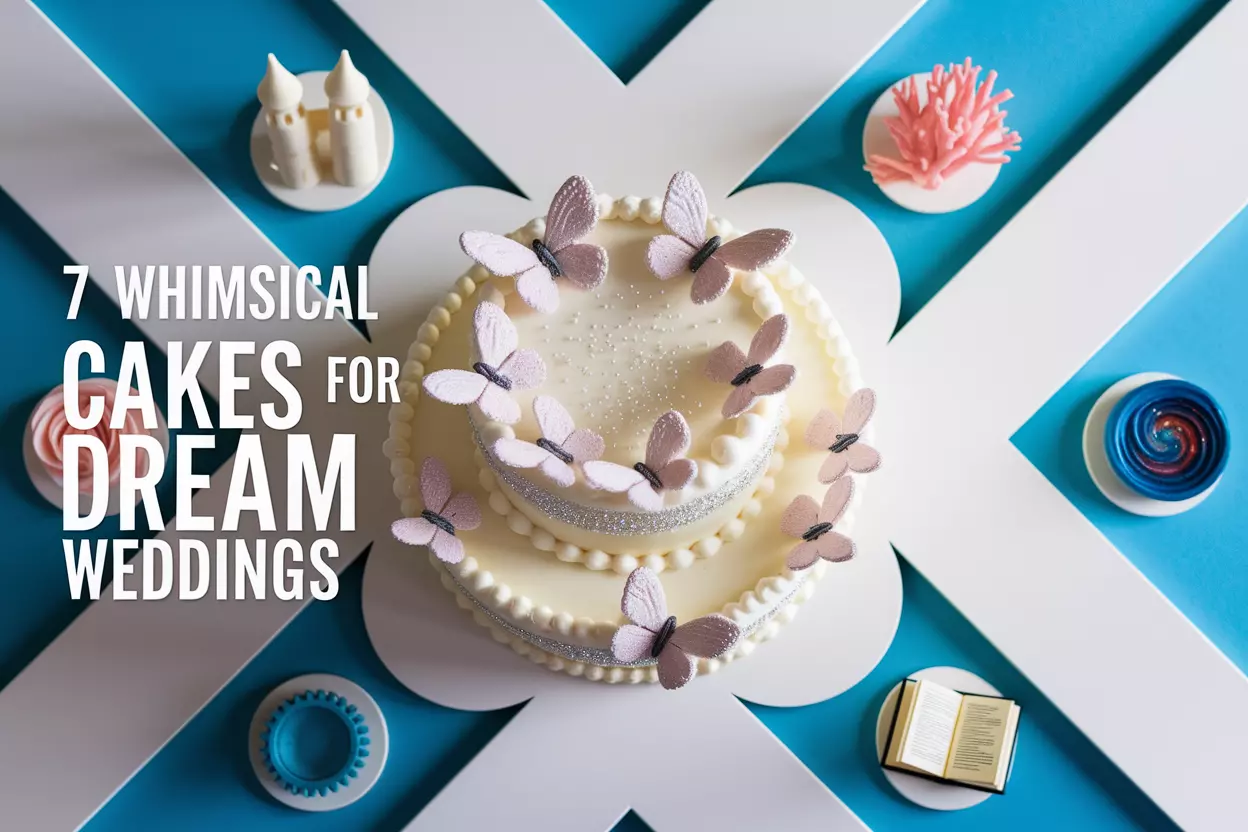 Overhead mood board of whimsical wedding cake themes and elements