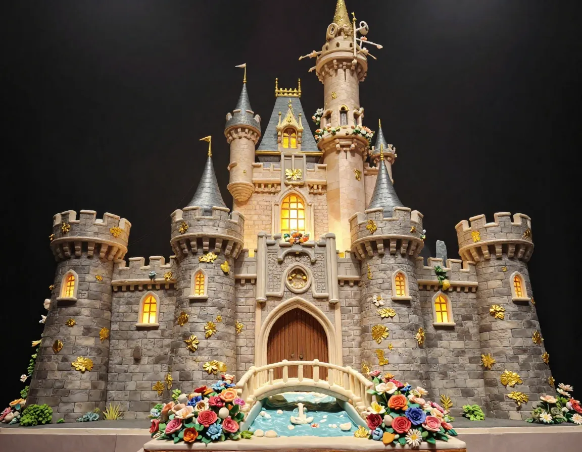 Dramatic low angle castle cake with turrets gold leaf and drawbridge