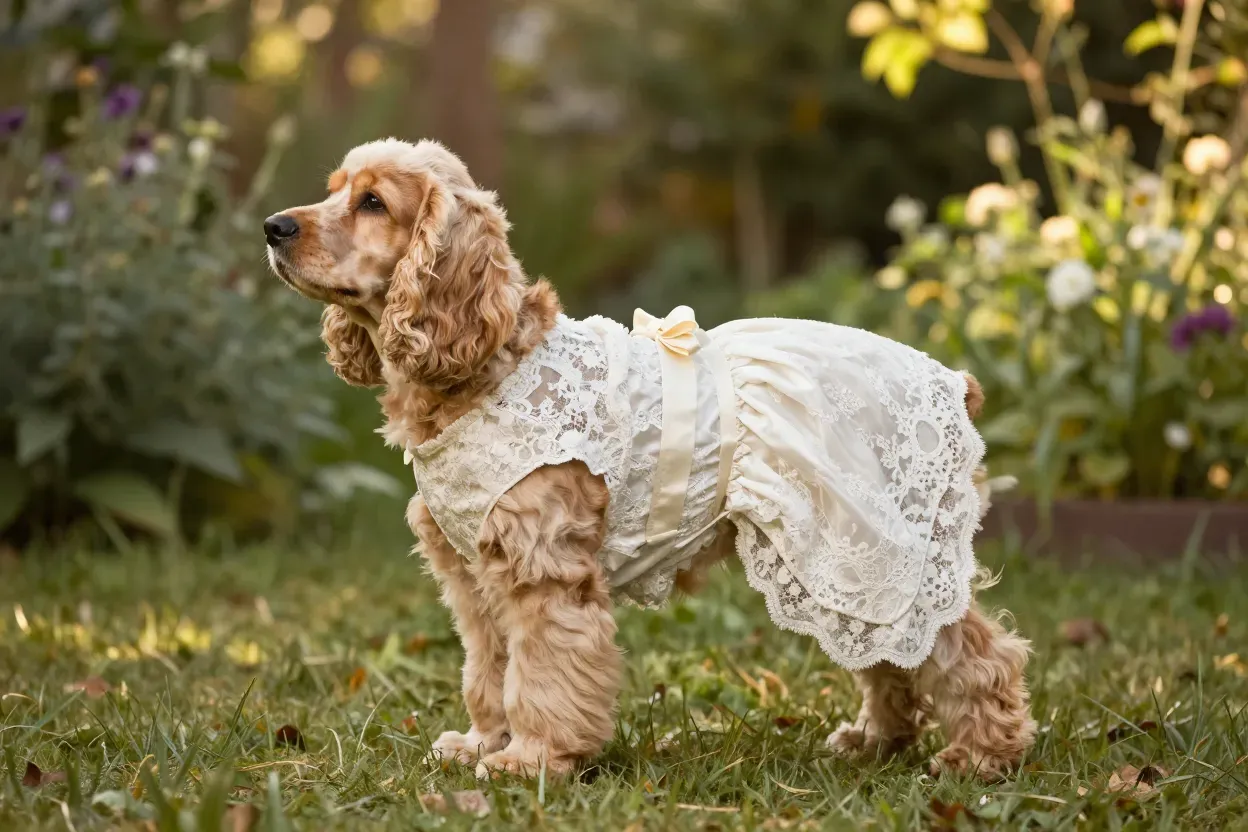 Vintage lace a line dog wedding dress garden ceremony ribbon bow