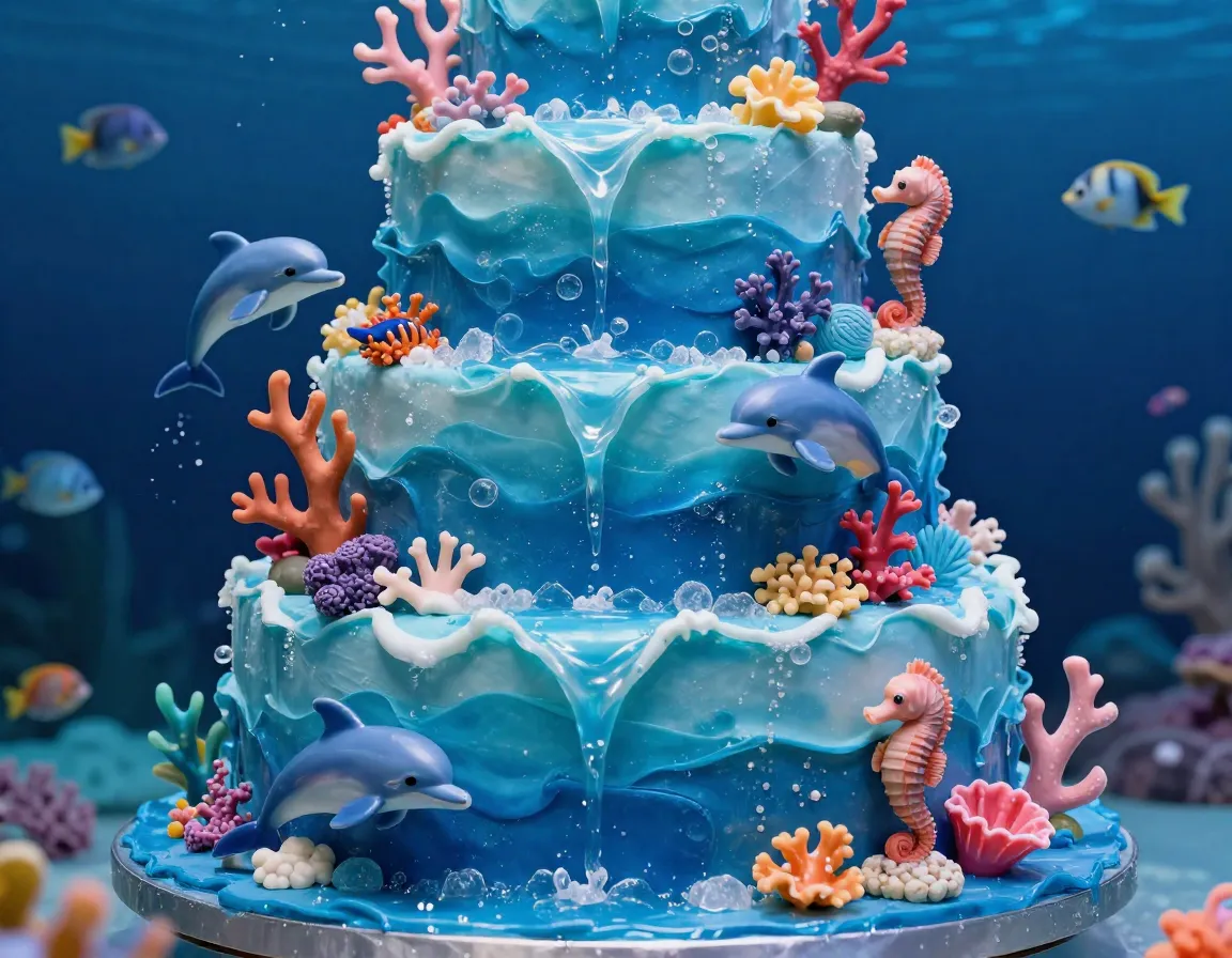 Eye level aquatic cake with isomalt waves coral and sea creatures