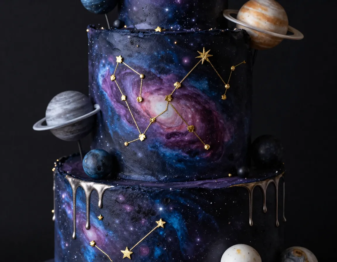 Close up galaxy cake tier with airbrushed nebula and gold constellations