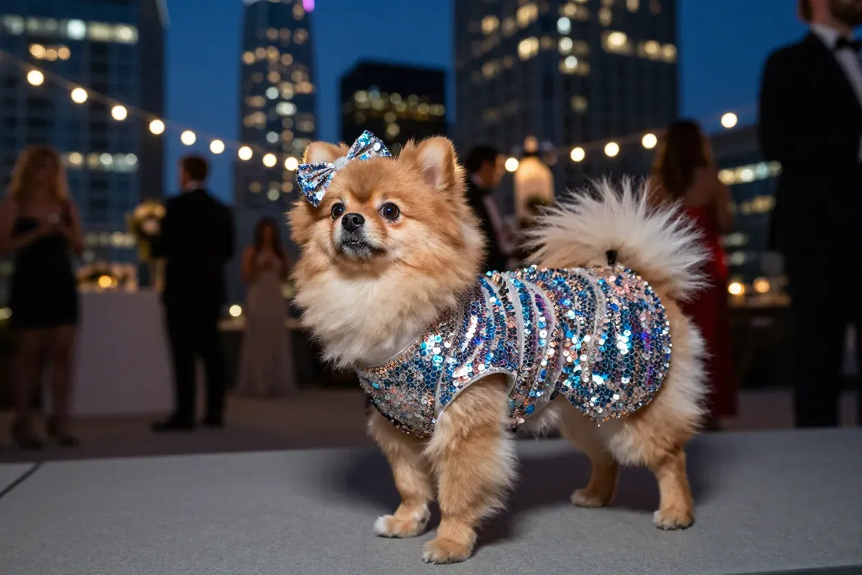 Sparkly sequin mini dog wedding dress evening reception city lights