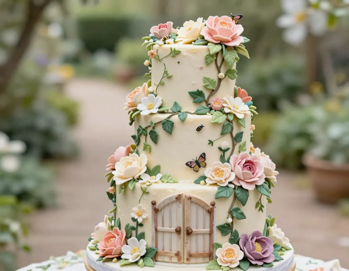 Angled garden cake with cascading sugar flowers vines and butterflies