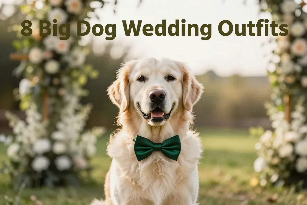Golden retriever in garden wearing elegant green bow tie for wedding