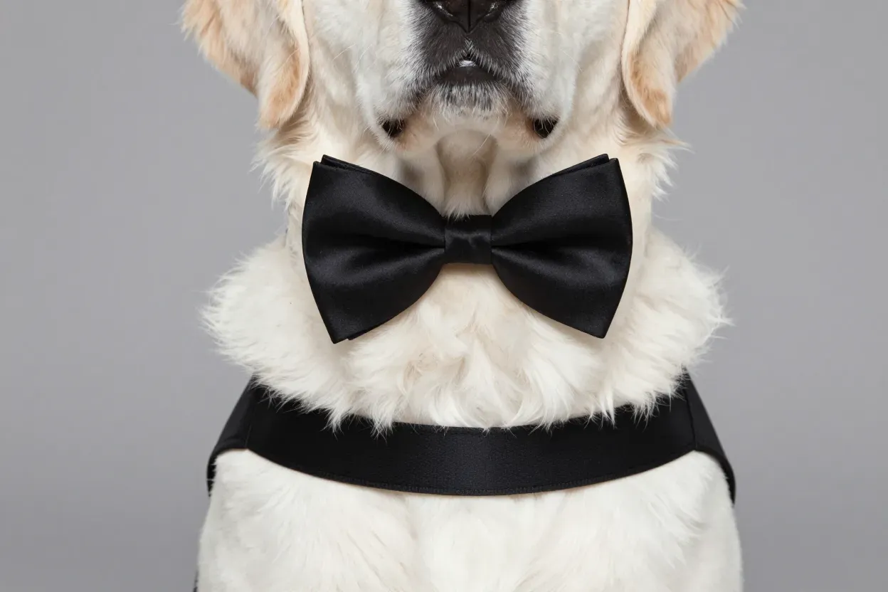 Large golden retriever wearing a black silk bow tie on elastic collar