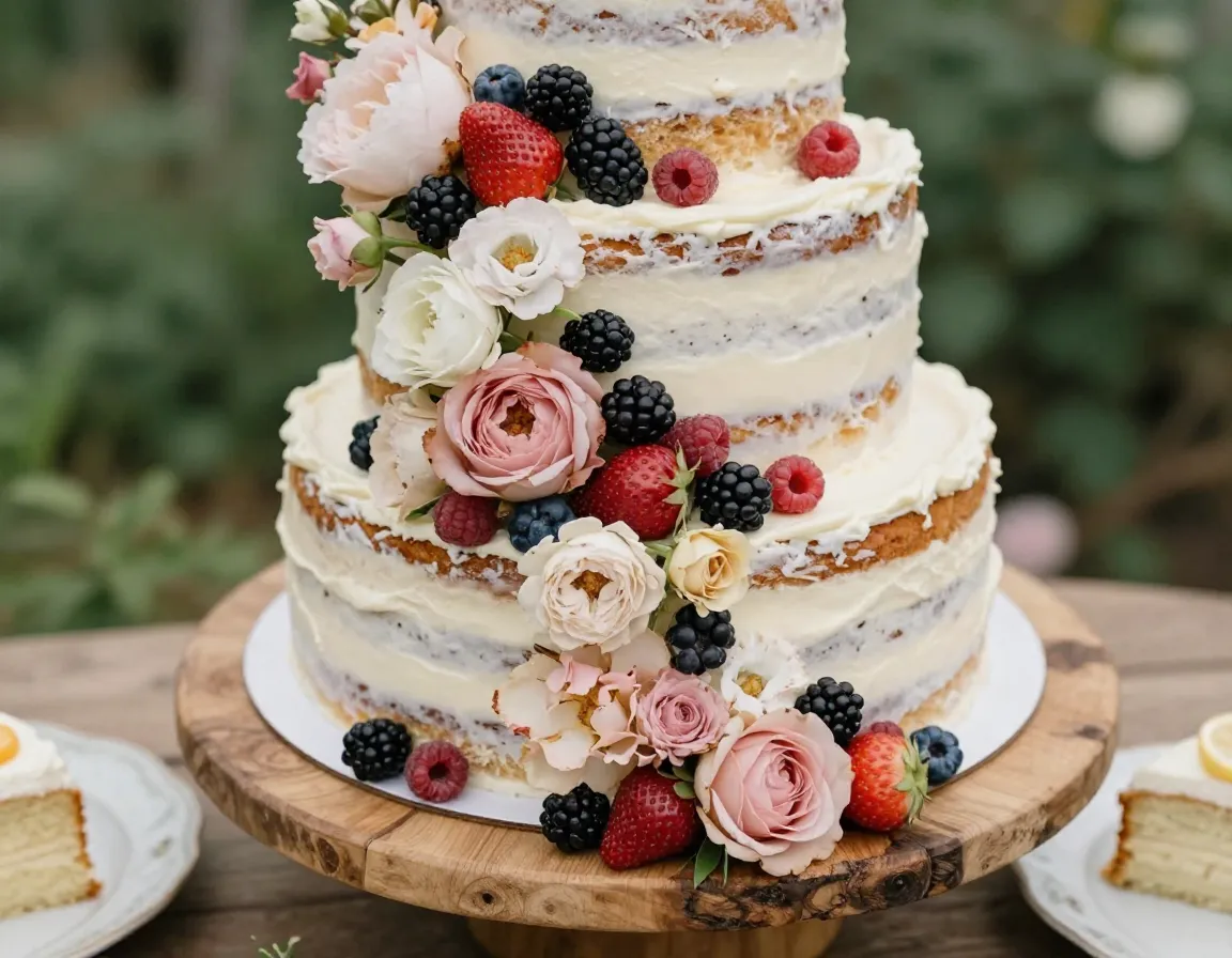 Three tier naked cake wooden stand fresh berries peonies rustic