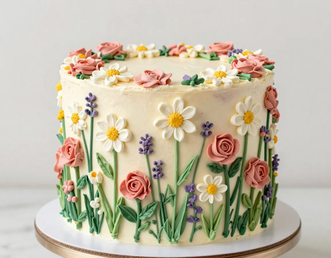 Hand piped buttercream wildflower meadow daisies roses lavender