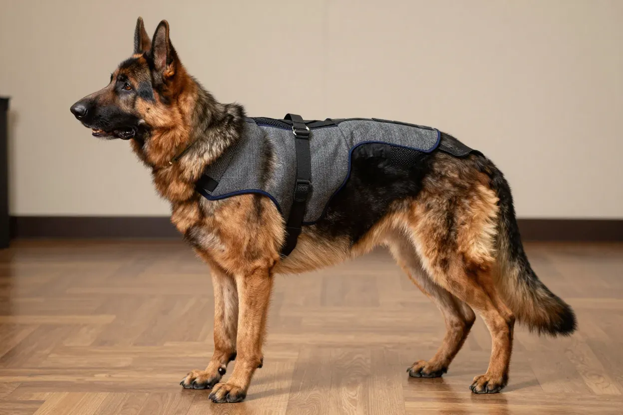 German shepherd in a structured tweed vest with adjustable straps