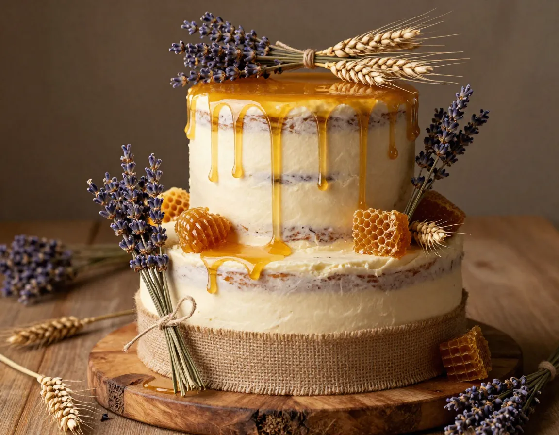 Golden honey drip cake dried lavender wheat stalks burlap ribbon
