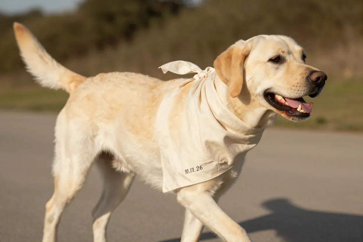Labrador wearing a cream linen bandana with embroidered wedding date