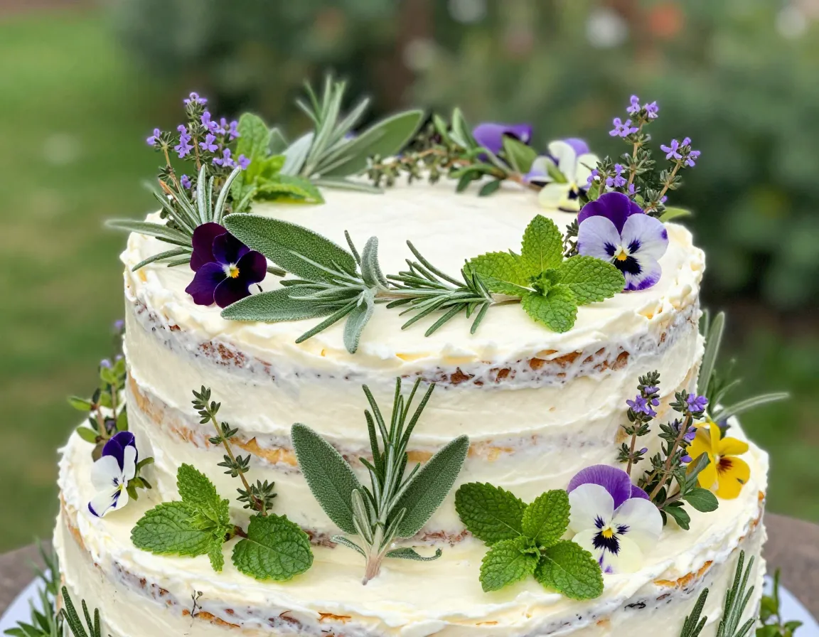 Fresh culinary herbs rosemary thyme sage mint naked cake