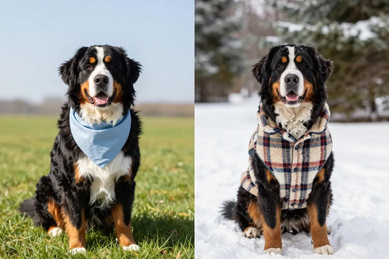 Split seasonal portrait dog in summer bandana and winter layered vest