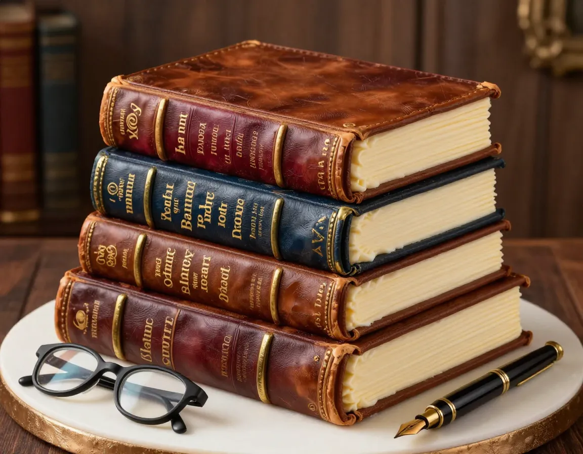 Aged leather book spines edible titles parchment pages vintage