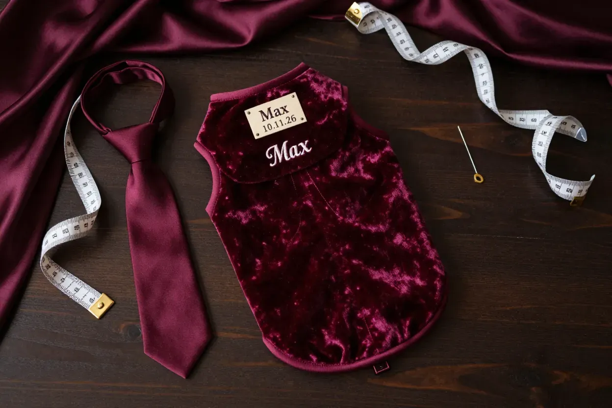 Custom burgundy velvet dog vest with embroidered tag matching human tie