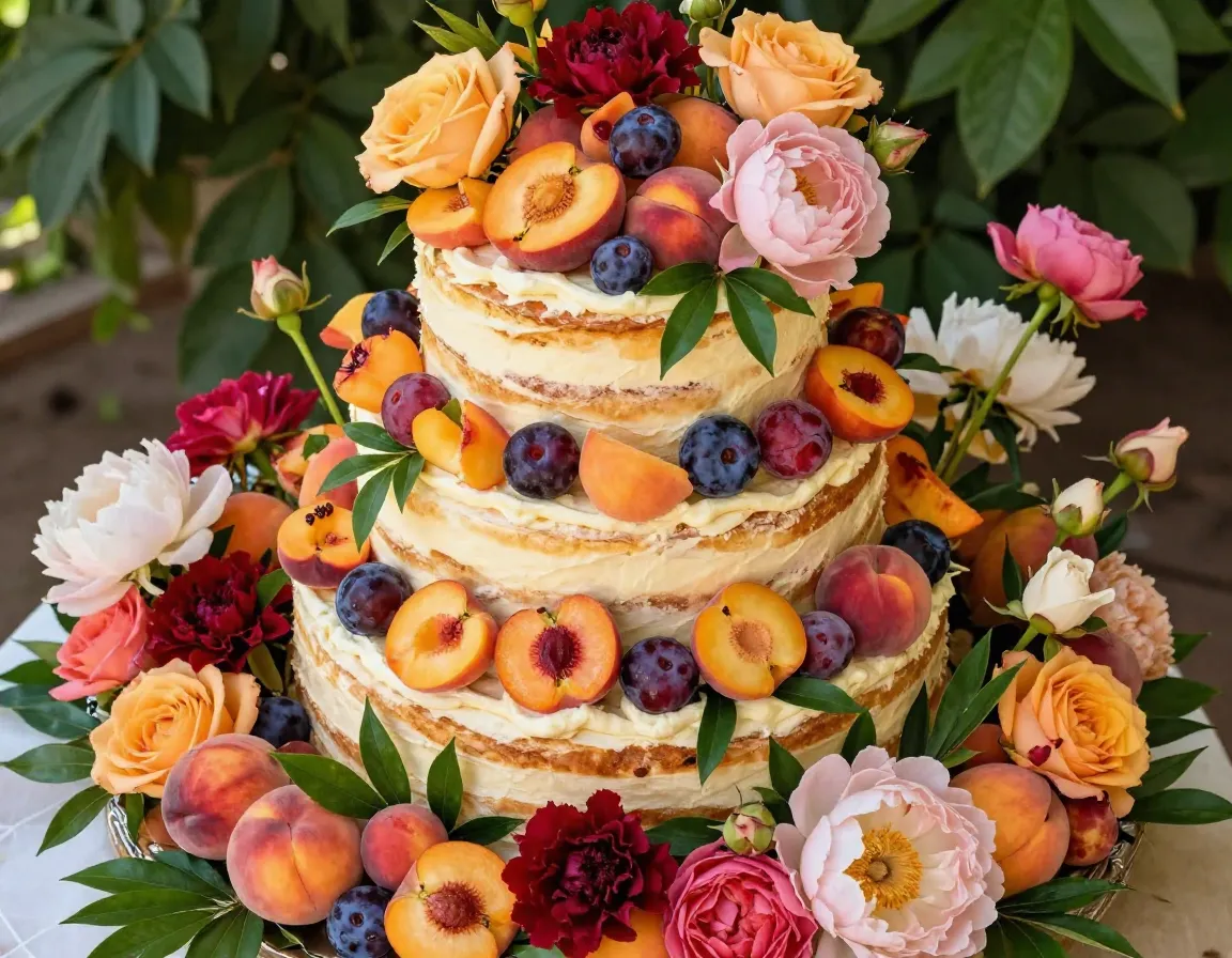 Summer crown peaches plums garden roses peonies abundant