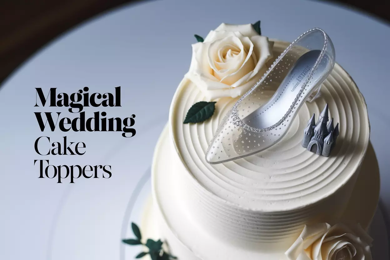 Elegant wedding cake with glass slipper and castle toppers on tier