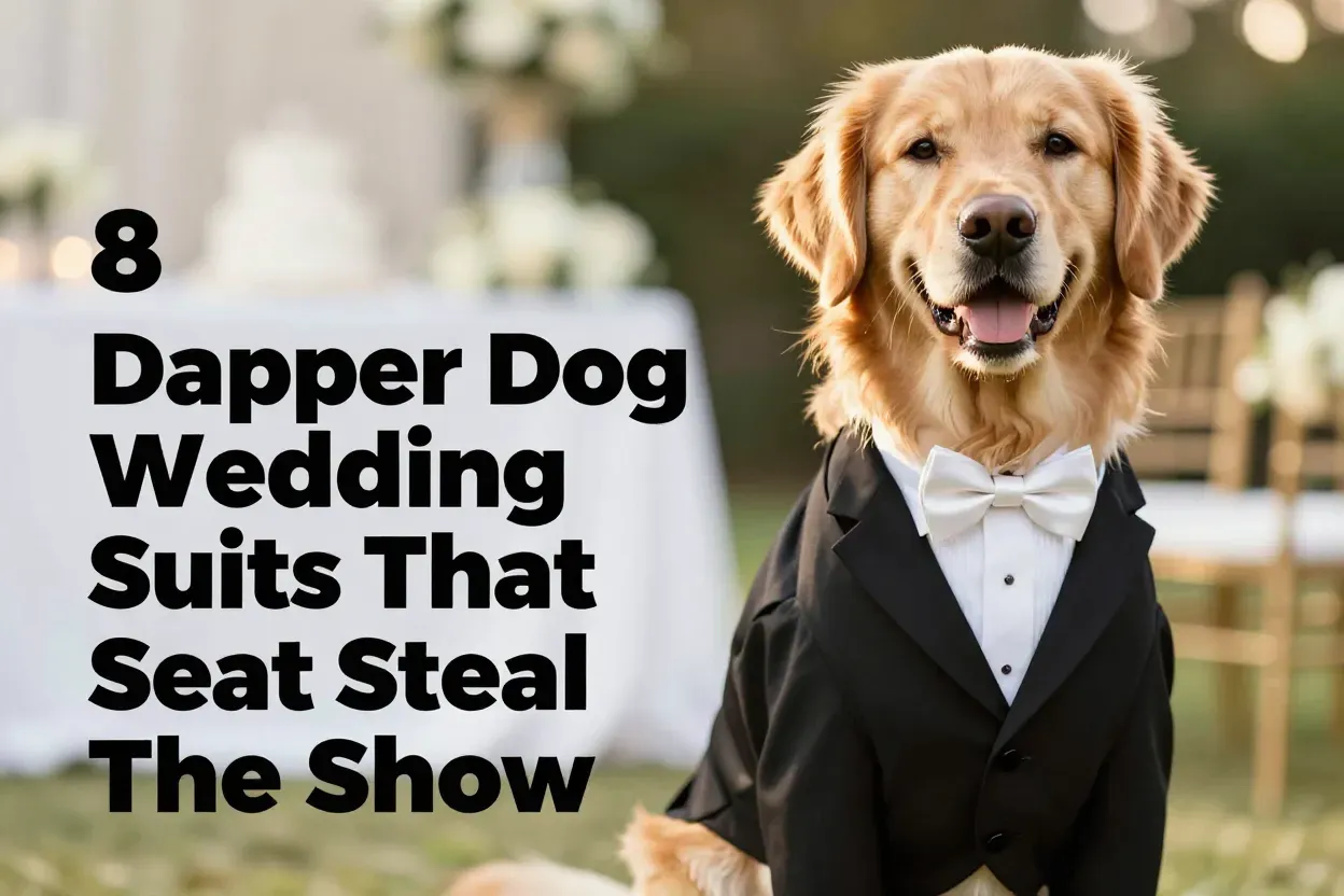 Golden retriever in black tuxedo at garden wedding with text space