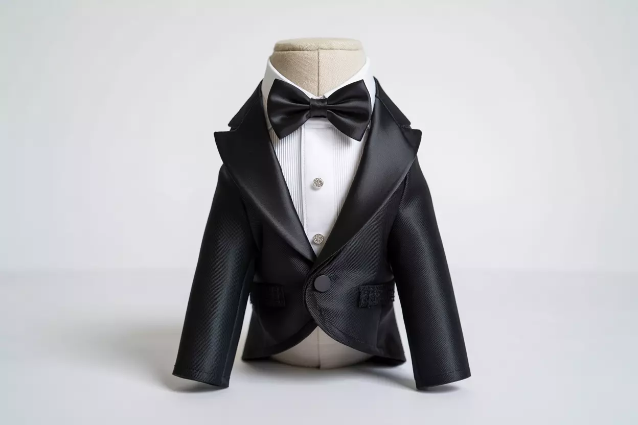Traditional black dog tuxedo with satin lapels and bow tie