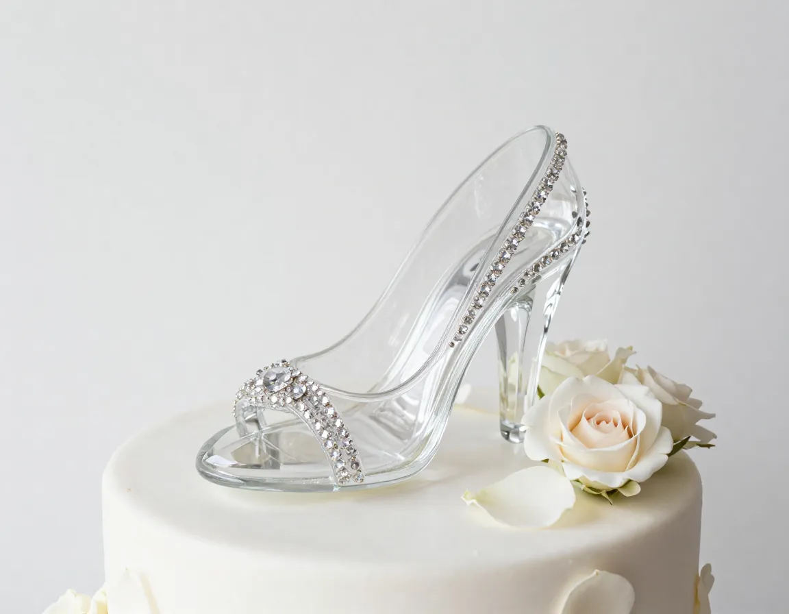 Cinderella glass slipper cake topper crystal embellished on white tier