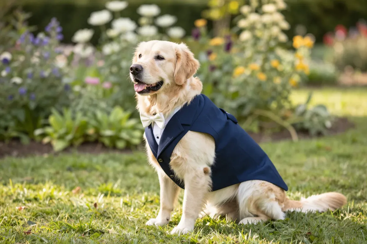 Navy blue dog suit in sunlit garden with contrasting bow tie